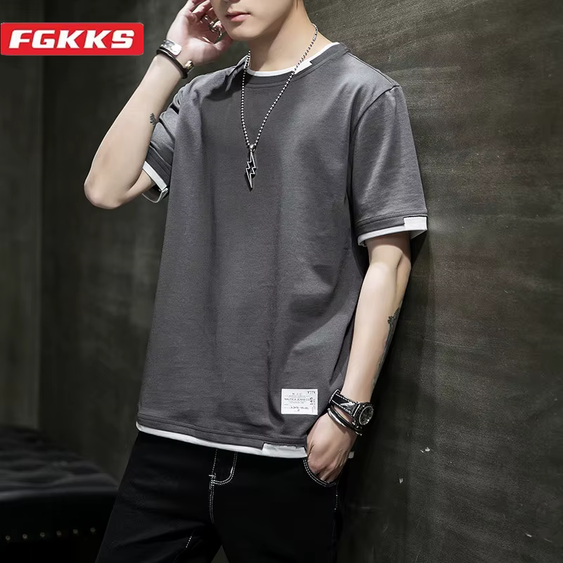 FGKKS 2024 T-shirt style décontracté pour hommes pur coton respirant mode à manches courtes concepti