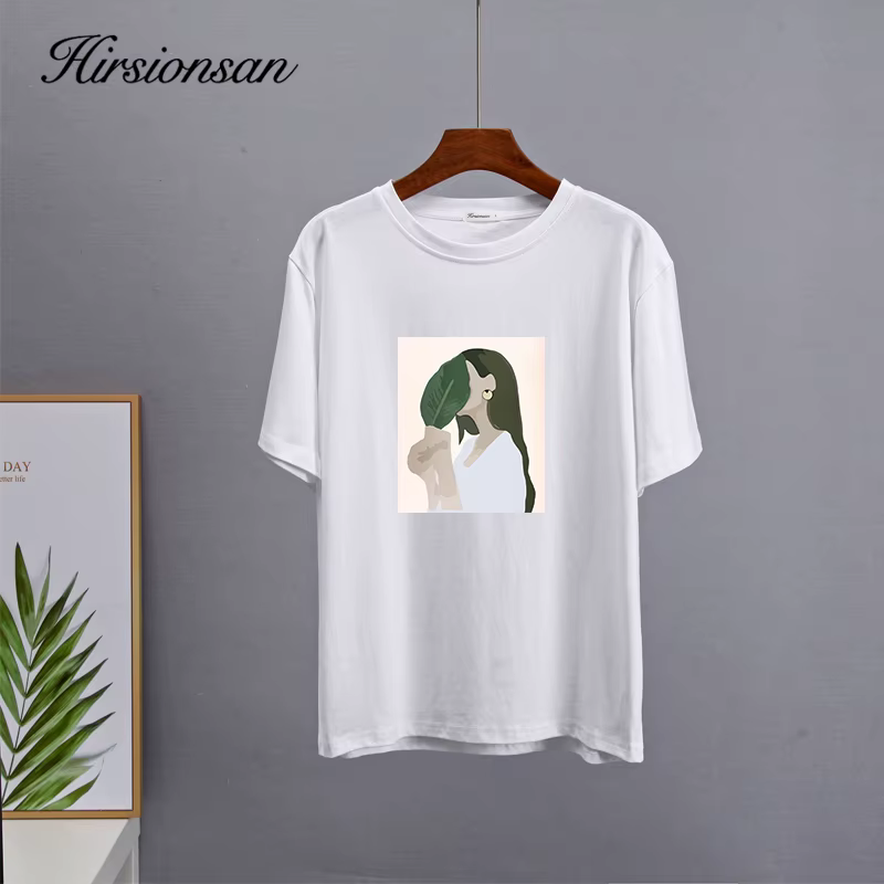 Hirsionsan – t-shirt imprimé pour femmes, 2023 coton, ample, décontracté, Chic, estival, 100%