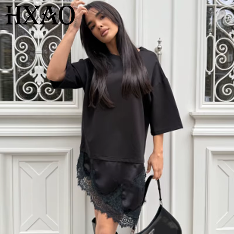 T-shirt en dentelle oversize HXAO pour femme, collection Printemps-Été 2026, style Y2K, blanc cassé,