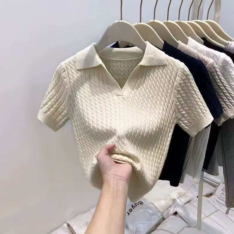 T-shirt à manches courtes en tricot pour femmes, printemps été, toutes occasions, hauts ajustés à co