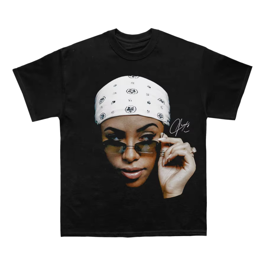 T-shirt en coton noir Aaliyah, style streetwear rétro vintage