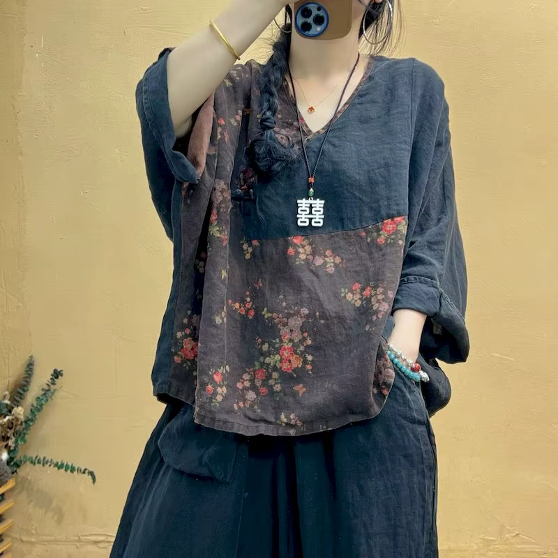 Coton lin t-shirts femmes mode imprimé contrasté à lacets chemise artistique irrégulière Vintage sur