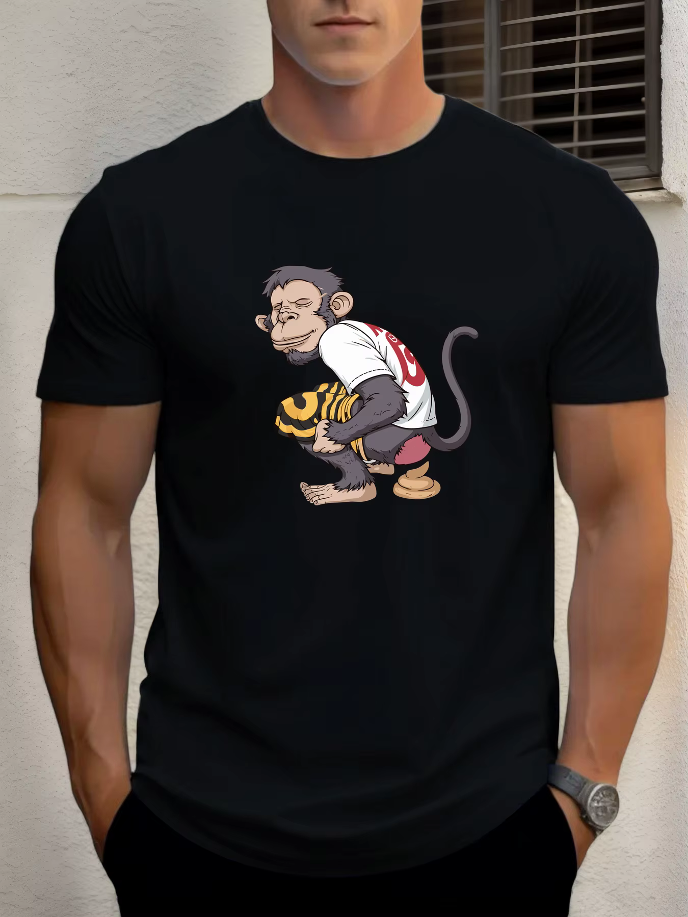 T-shirt pour hommes singe toilette 100 % coton impression graphique été col rond t-shirt décontracté