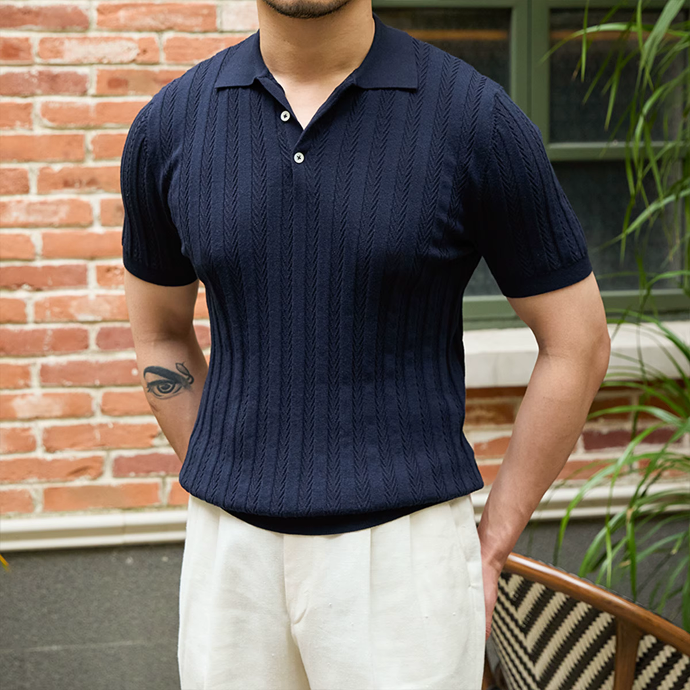 Mr. Lusan-Polo Jacquard à Revers à oral rons pour Homme, Pull Rétro Décontracté, Coupe Slim, Manches