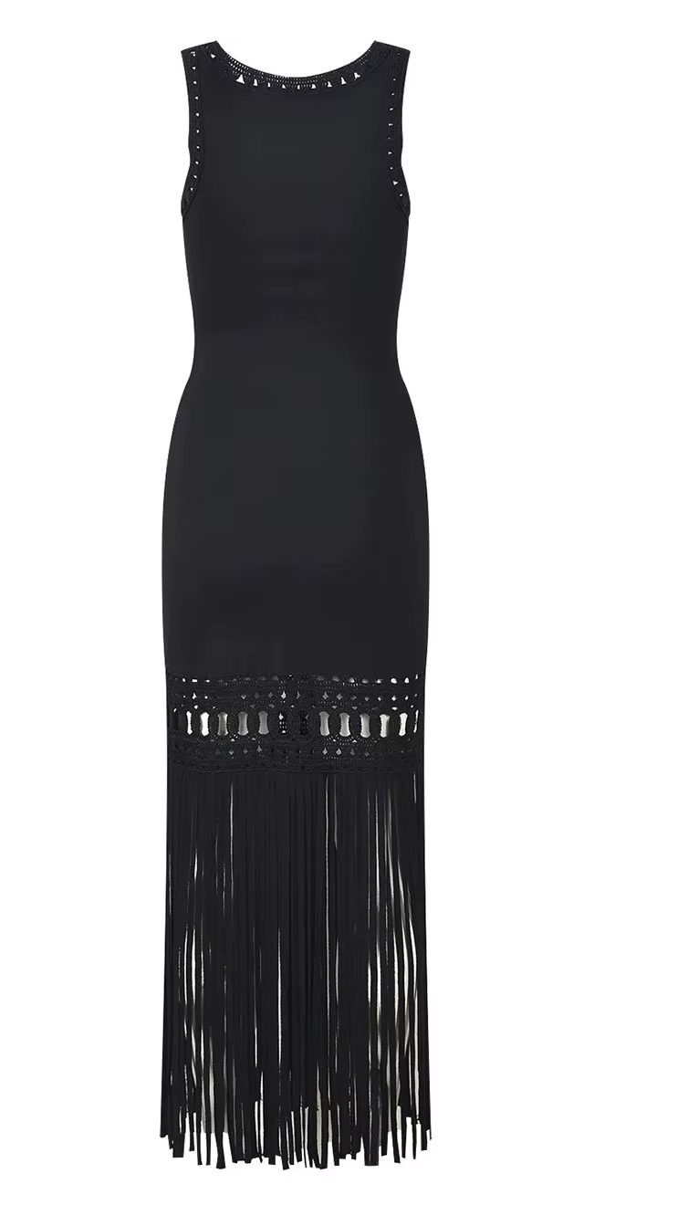 Robe tricotée à franges noires, sans manches, Slim, Simple, longue, robe de soirée élégante pour fem