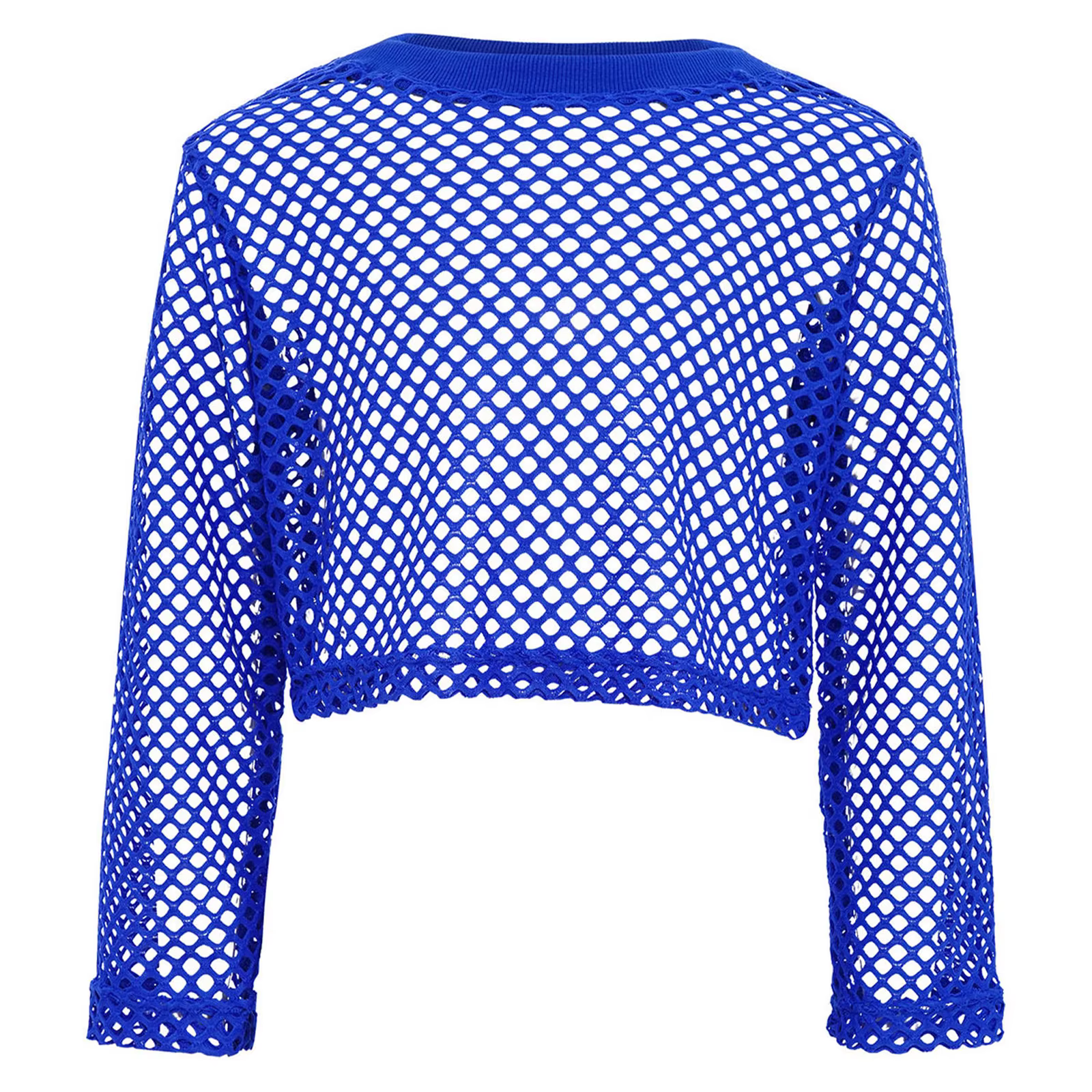 T-shirt en résille pour filles, style hip-hop, col rond côtelé, manches longues, coupe courte, pour 
