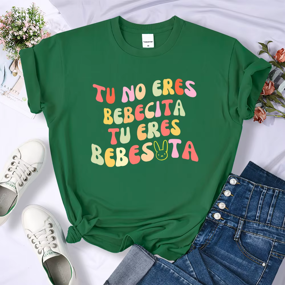 T-shirt imprimé Tu No Eres Bebecita Tu Eres BeBio ota pour femme, haut confortable avec lettres colo