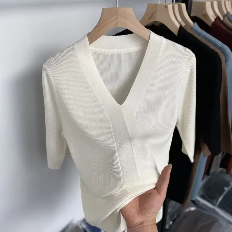 T-shirt à Manches Courtes et Col en V pour Femme, Slim et Décontracté, Couleur Unie, Vert, Été 2025