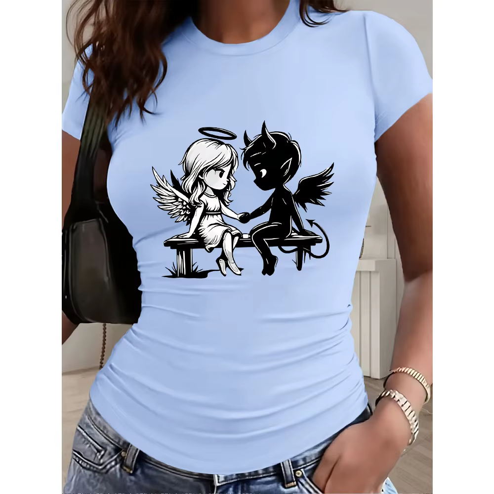 Nouveau T-shirt imprimé Ange et Diable 2026 en coton à col rond, coupe slim, décontracté, mode Y2K, 