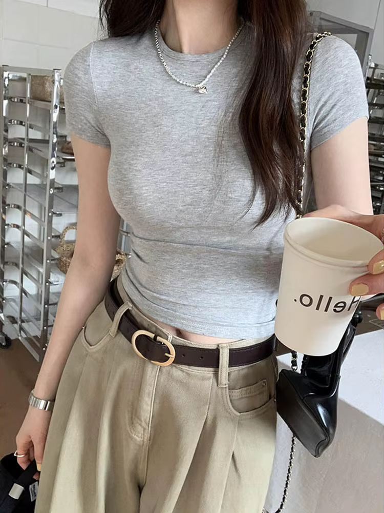 Haut court basique à manches courtes et col rond pour femme, T-shirt slim, décontracté, y2k, Vintage