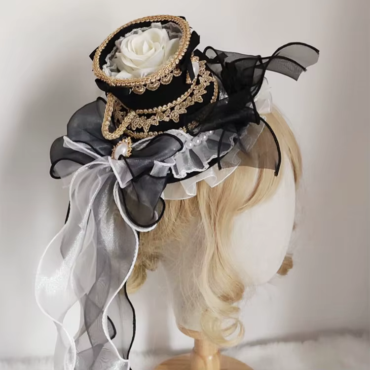 Chapeau haut de forme rose Lolita pour filles avec long ruban, Fedoras espagnols Palace Tea Cup