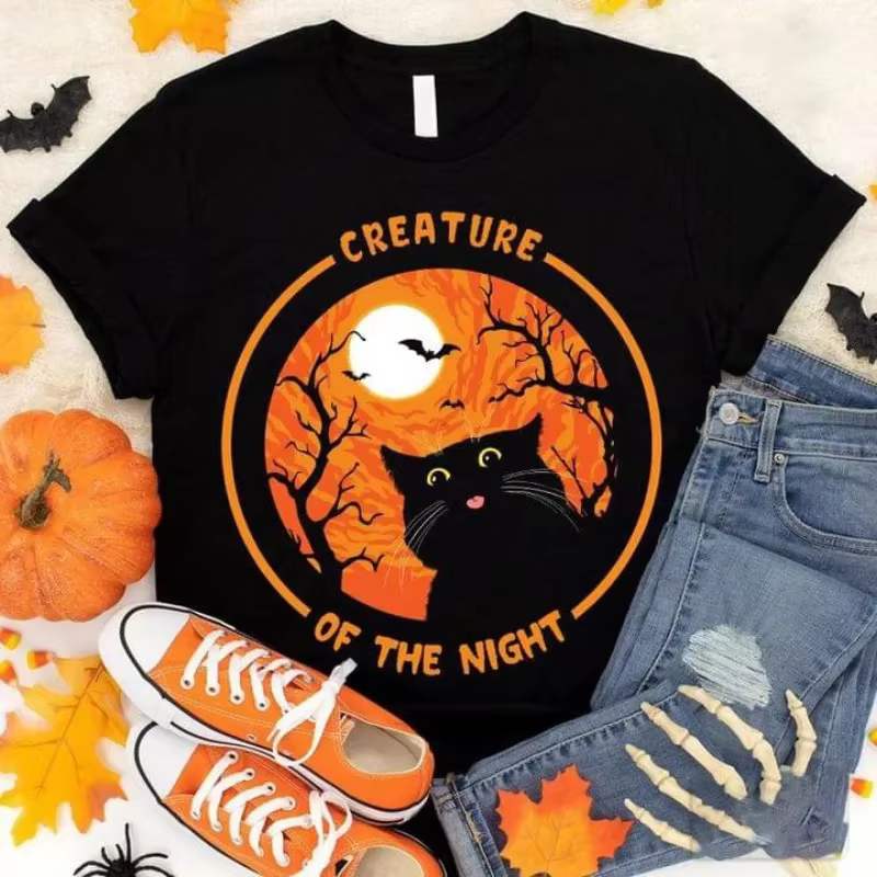 Halloween maman sorcière chat noir imprimé t-shirt femmes à manches courtes col rond t-shirt ample f