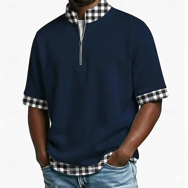 Polo zippé pour homme à manches courtes, col montant, avec empiècements à carreaux aux poignets et à