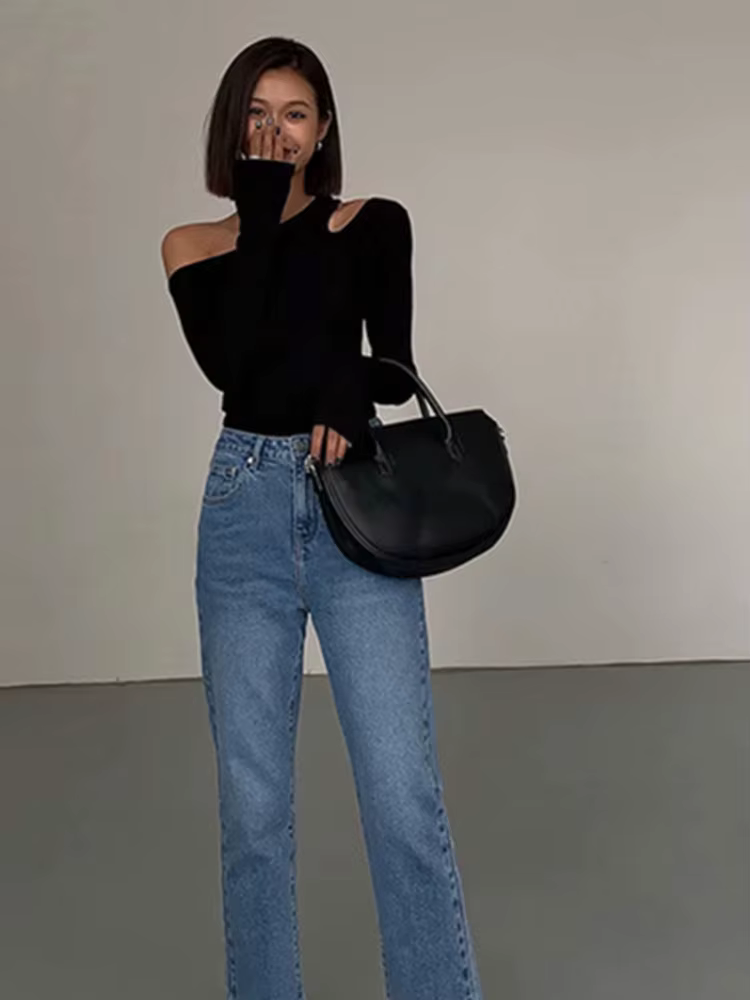 Mode col incliné épaules dénudées à manches longues T-shirts femmes printemps nouveau solide coupe a