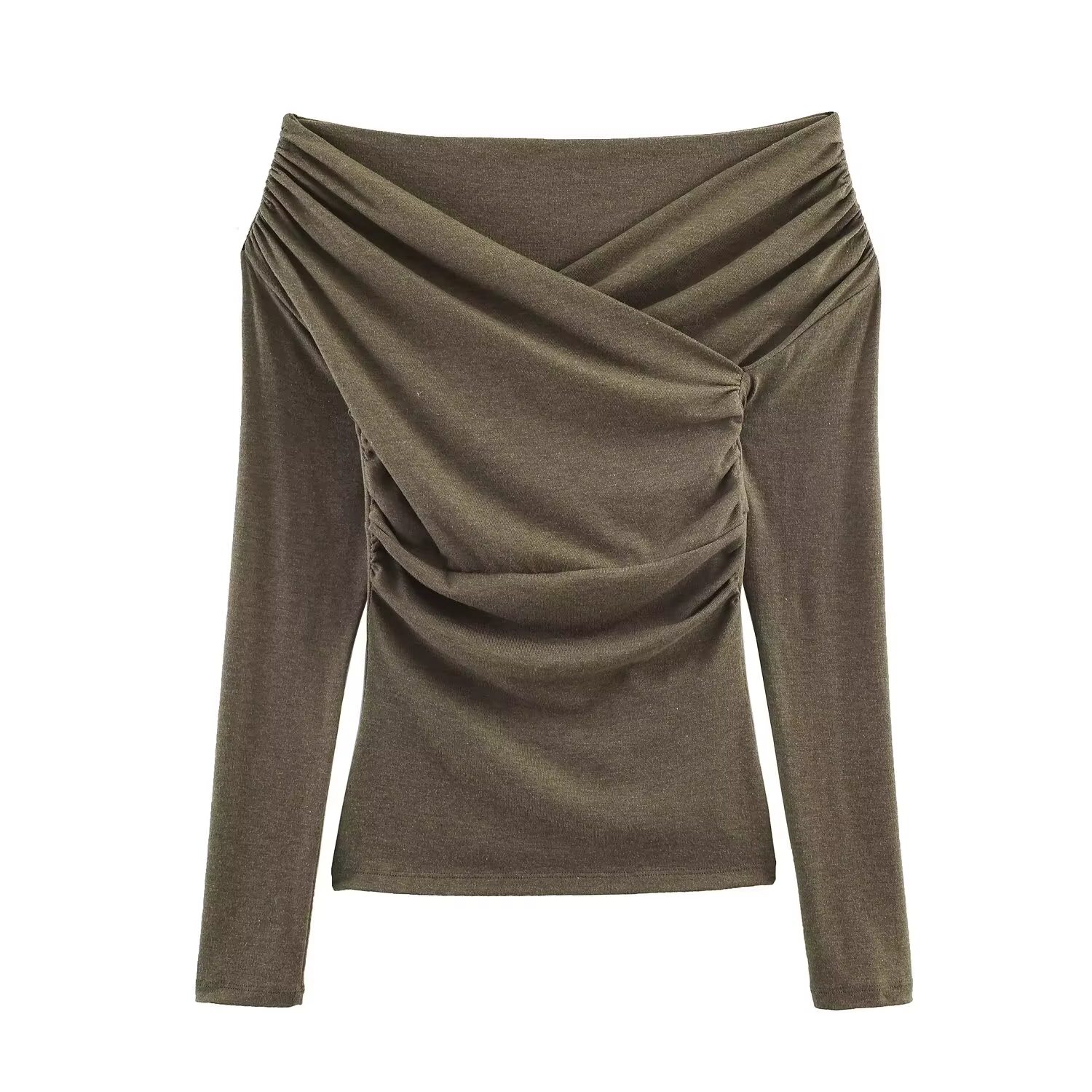 T-shirt plissé chic pour femme, printemps, femme, épaules dénudées, manches longues, pull ajusté, ba