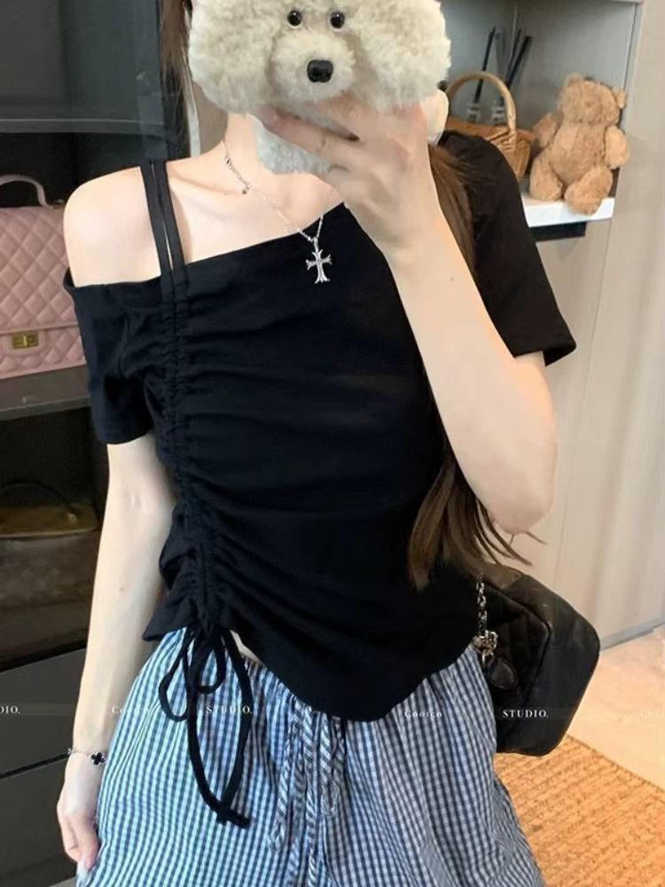 T-shirt asymétrique à cordon de serrage pour femme, haut d'été élégant et sexy à épaules dénudées, c