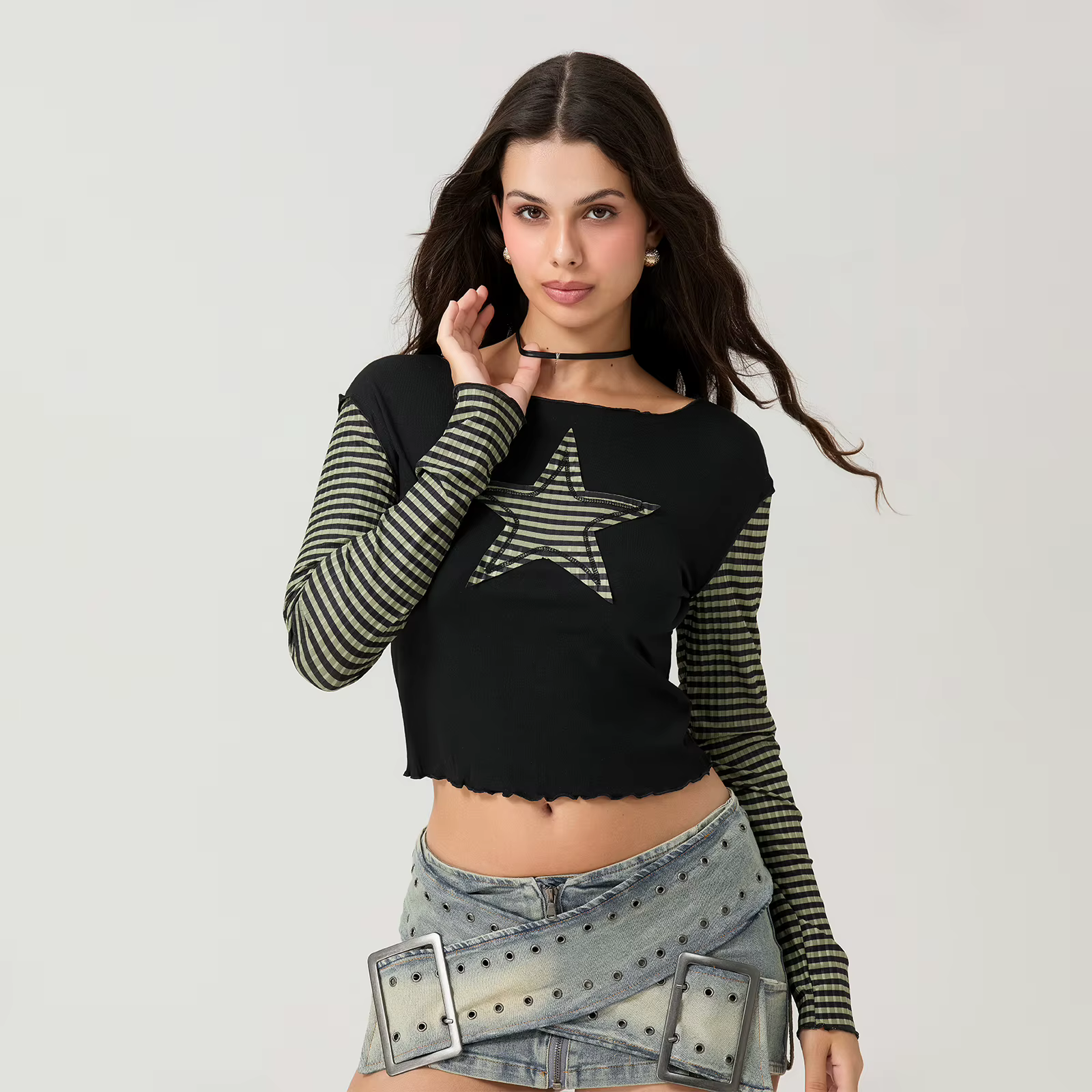 Women T-shirt Long Sleeve Crew Neck Star Stripe Star Graphic Slim Fit Tee Tops Ladies for Casual Dai