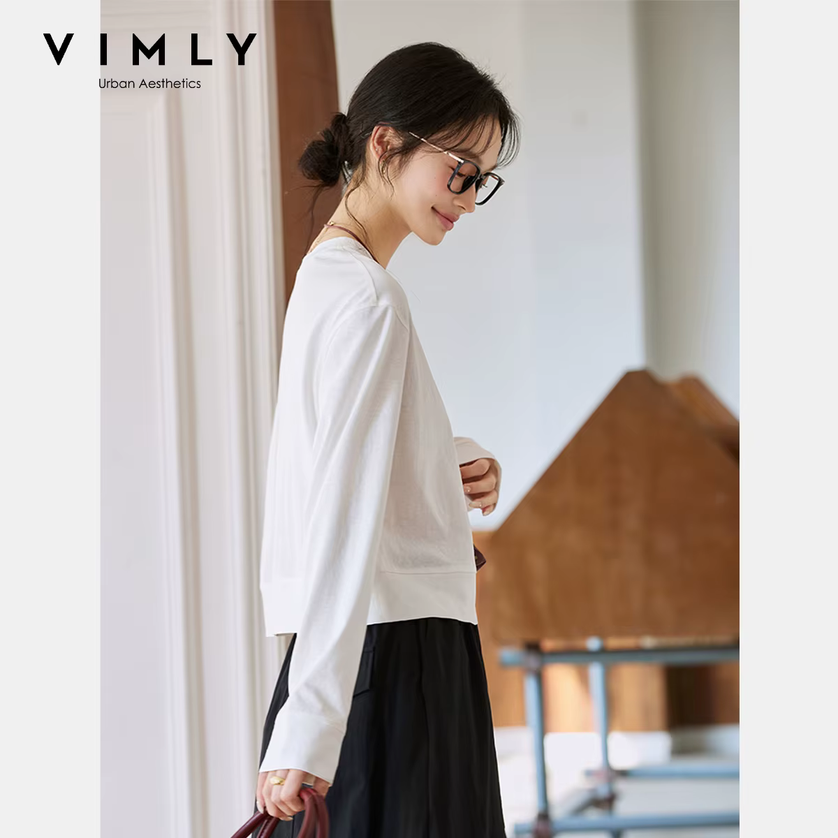 T-shirt en coton blanc pour femme VIMLY, collection Printemps 2026, col rond, manches longues, coupe