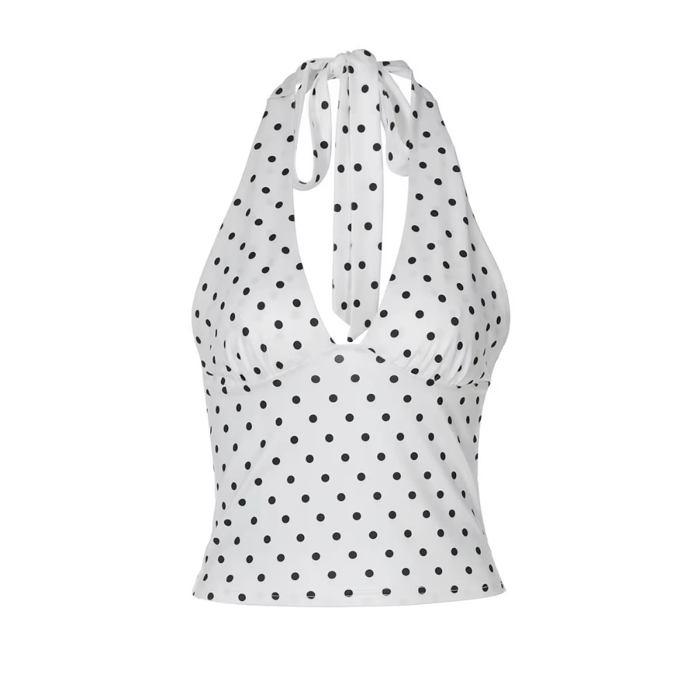 Crop Top à pois pour femme, débardeur Y2K à col en V, dos ouvert, froncé, pour sorties estivales