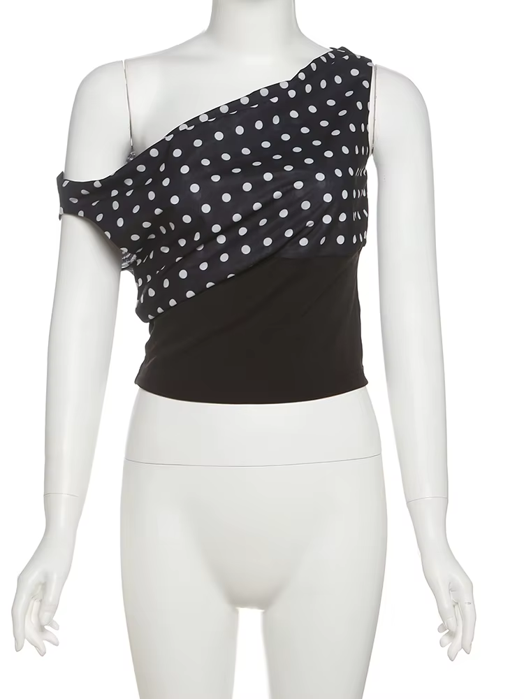 T-Shirts imprimés à pois pour femmes, tendance d'été, col incliné, épaules dénudées, dos nu, mode de