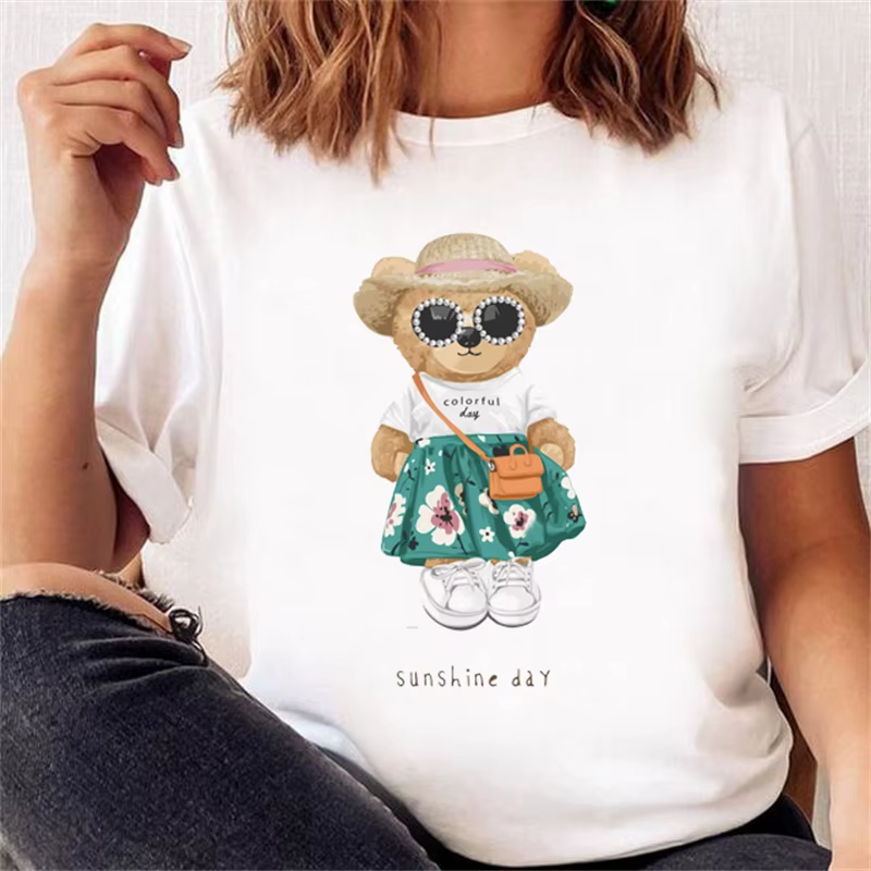 T-shirt à manches courtes pour femmes, vêtement tendance, décontracté, mignon, ours, à la mode, prin