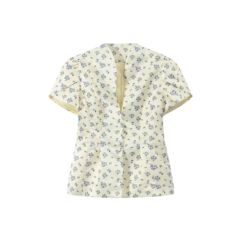 T-shirt floral chic pour femme, col en V, manches courtes, taille cintrée, idéal pour le bureau, les