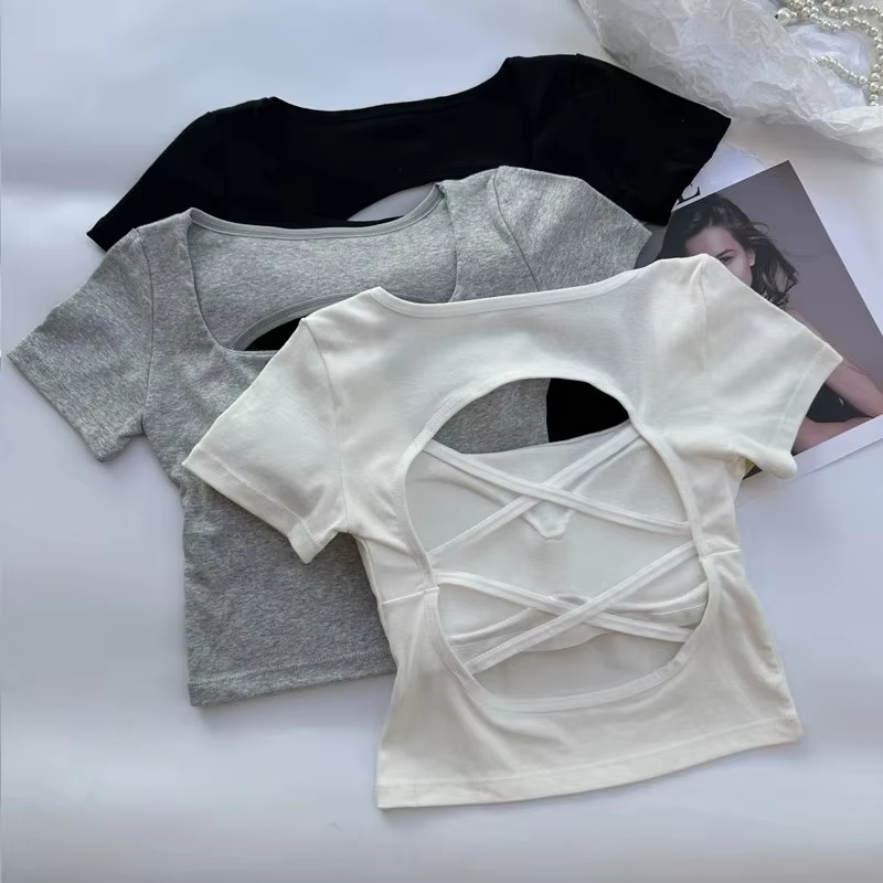 T-shirt femme vêtements encolure carrée hauts à manches courtes haut court avec soutiens-gorge pour 
