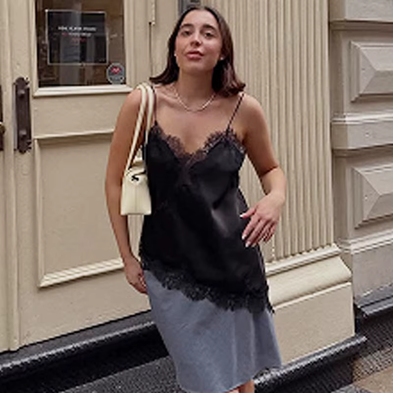 HXAO dentelle haut asymétrique femmes réservoirs & Camis été 2025 noir Slip haut sans manches dames 