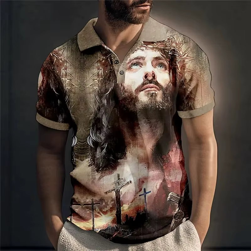 Polo à manches courtes avec impression 3D du Christ Jésus pour homme, t-shirt décontracté, t-shirt b
