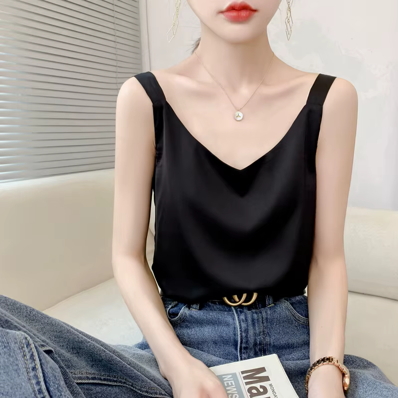 Camisole en soie pour femmes, costume d'été à l'intérieur, col en v, gilet à bascule en Satin, fin,
