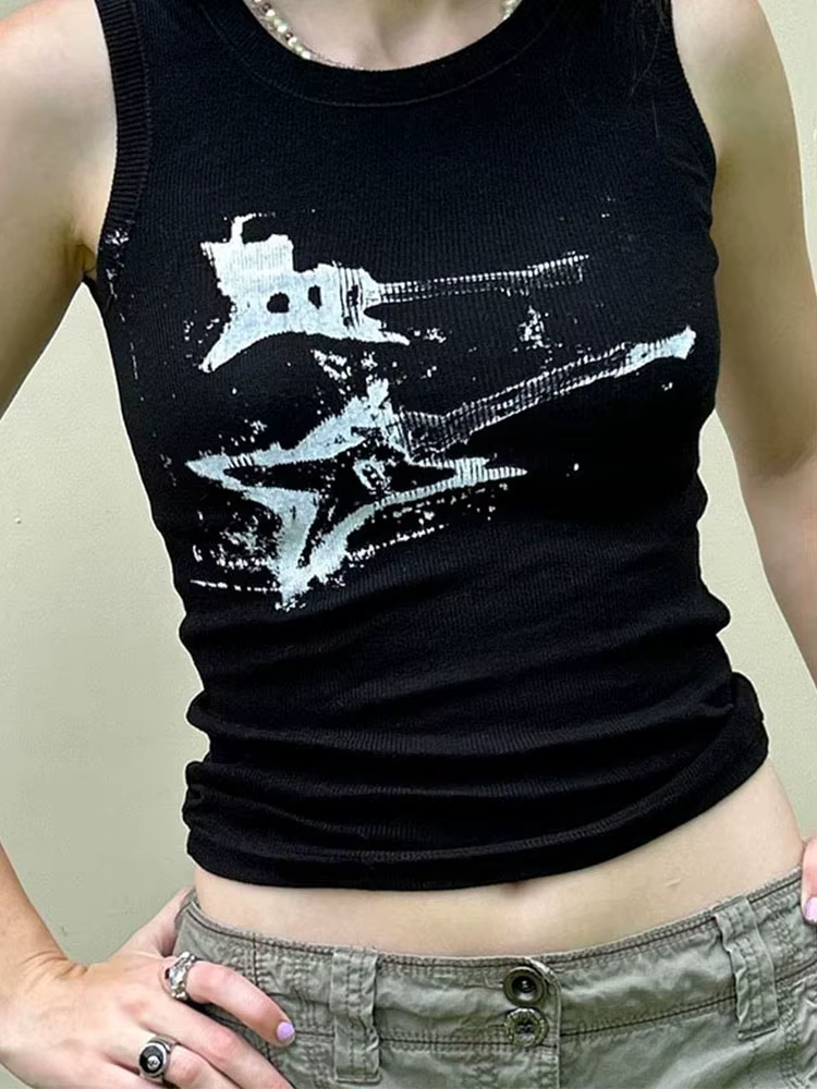 Débardeur sans manches imprimé guitare Y2K pour femmes, haut court côtelé décontracté Grunge, mode H