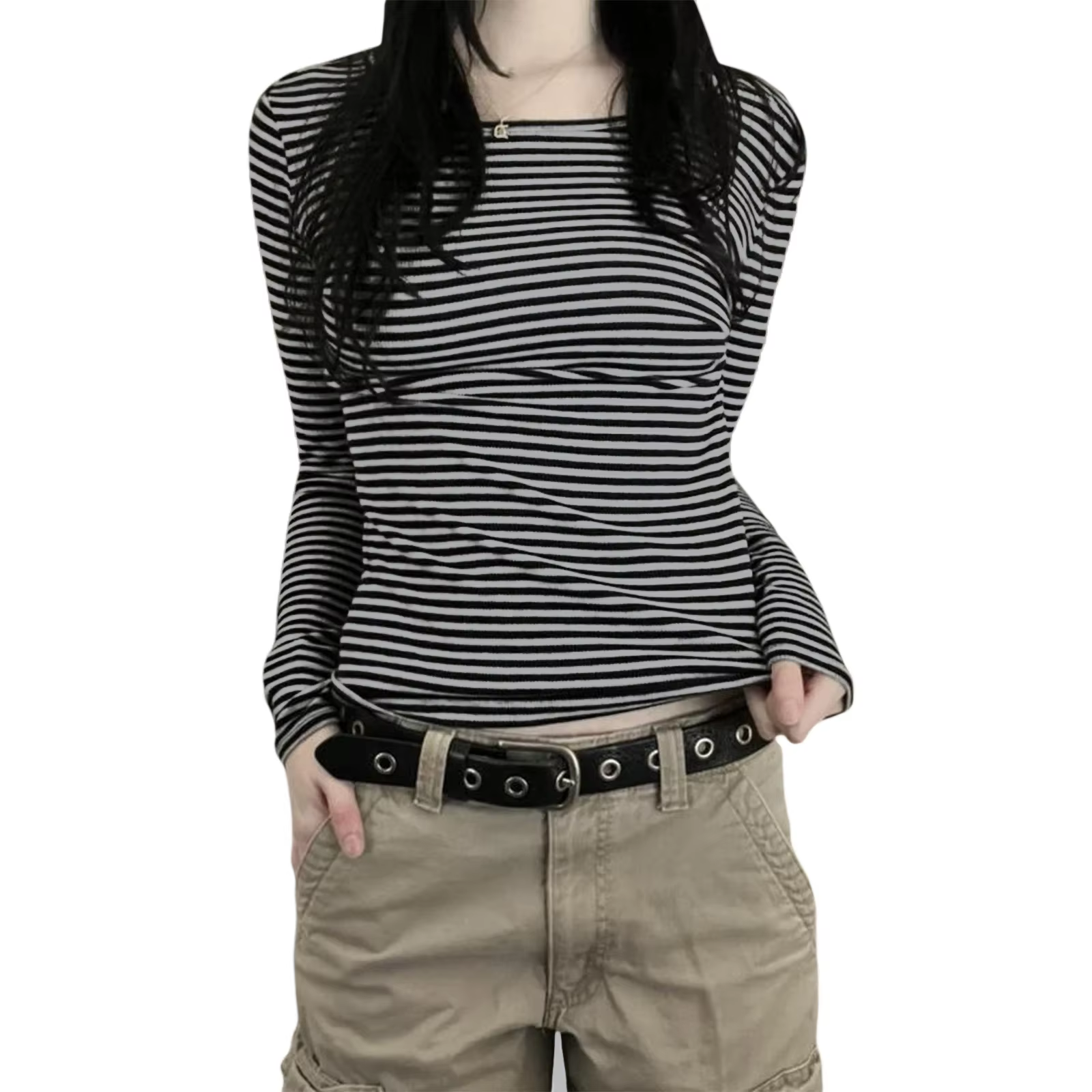 Chemises à manches longues pour femmes, mode décontractée, basique, col rond, rayé, Slim Fit, chemis