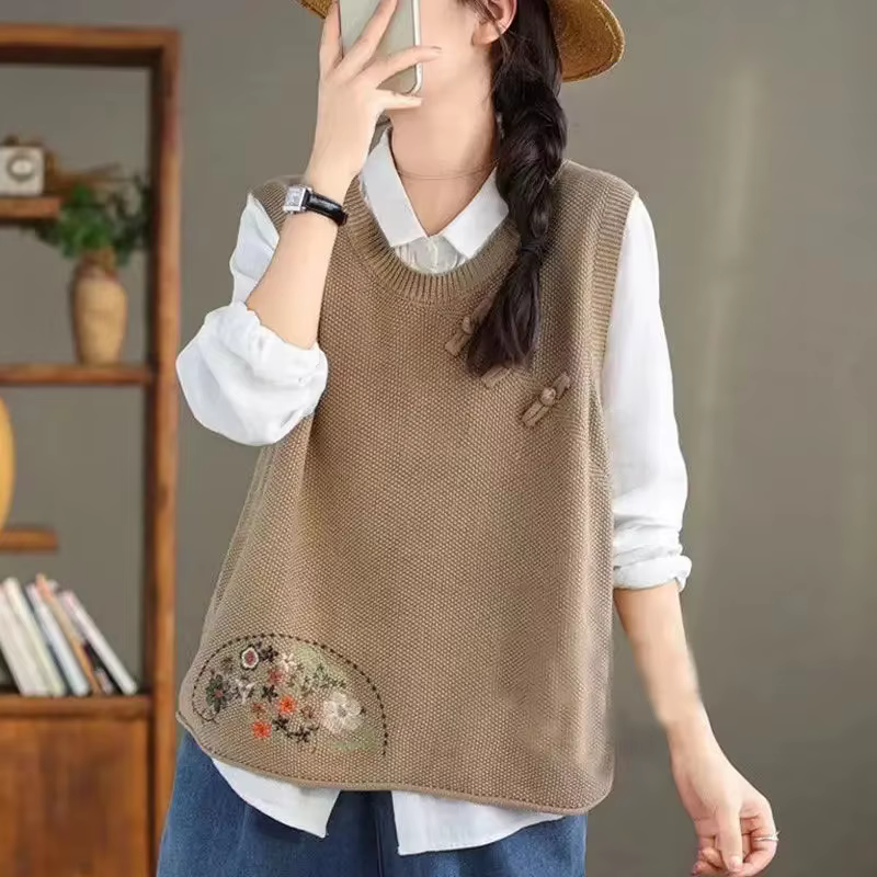 Gilets en tricot pour femmes, pull à col rond, court, brodé, vêtements pour jeunes, pull sans manche