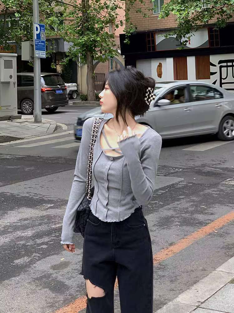T-shirt à manches longues pour femmes, style coréen Harajuku, slim, sexy, résistant, pour documents,