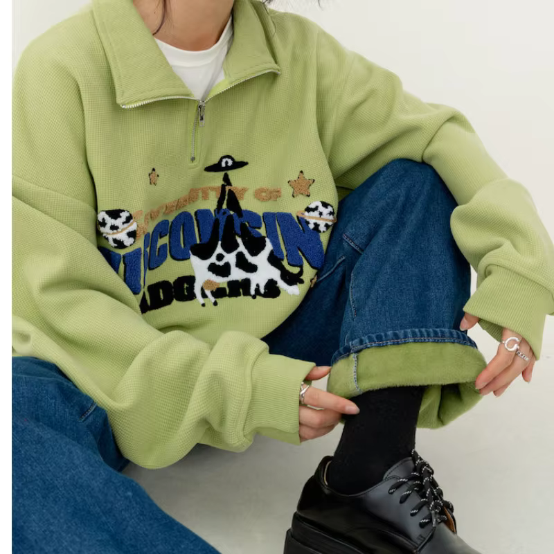 Avocat vert mignon vache broderie POLO sweat demi fermeture éclair ample décontracté étudiants fille