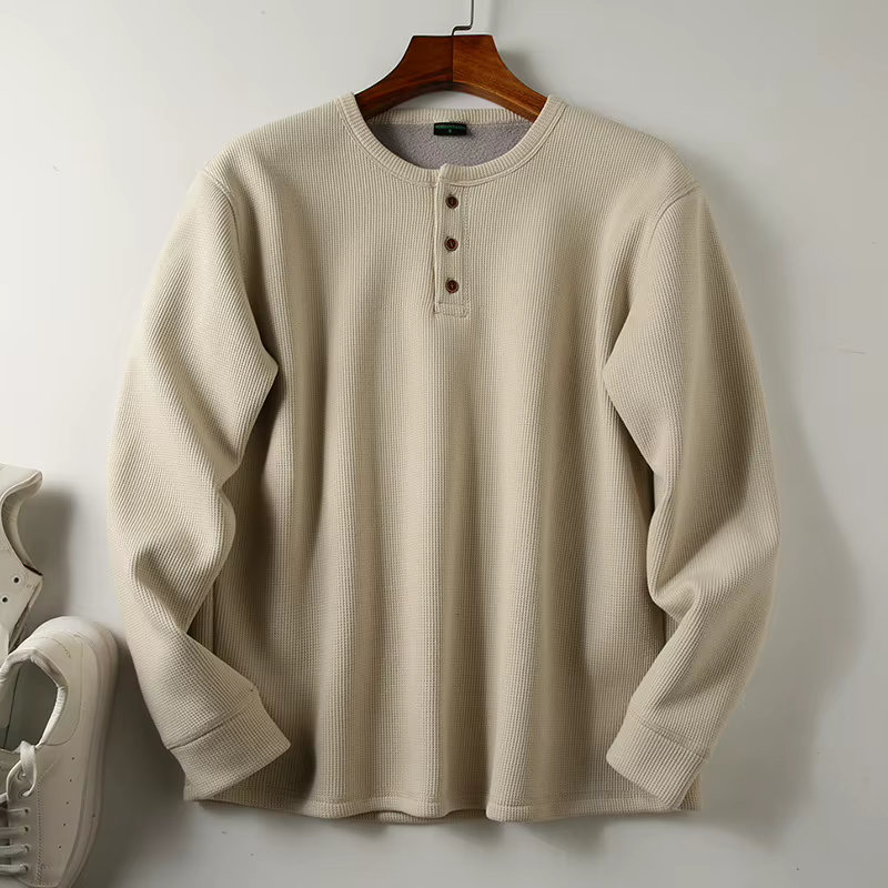 T-shirt en tricot gaufré à manches longues et col Henley pour hommes, doublure polaire épaisse