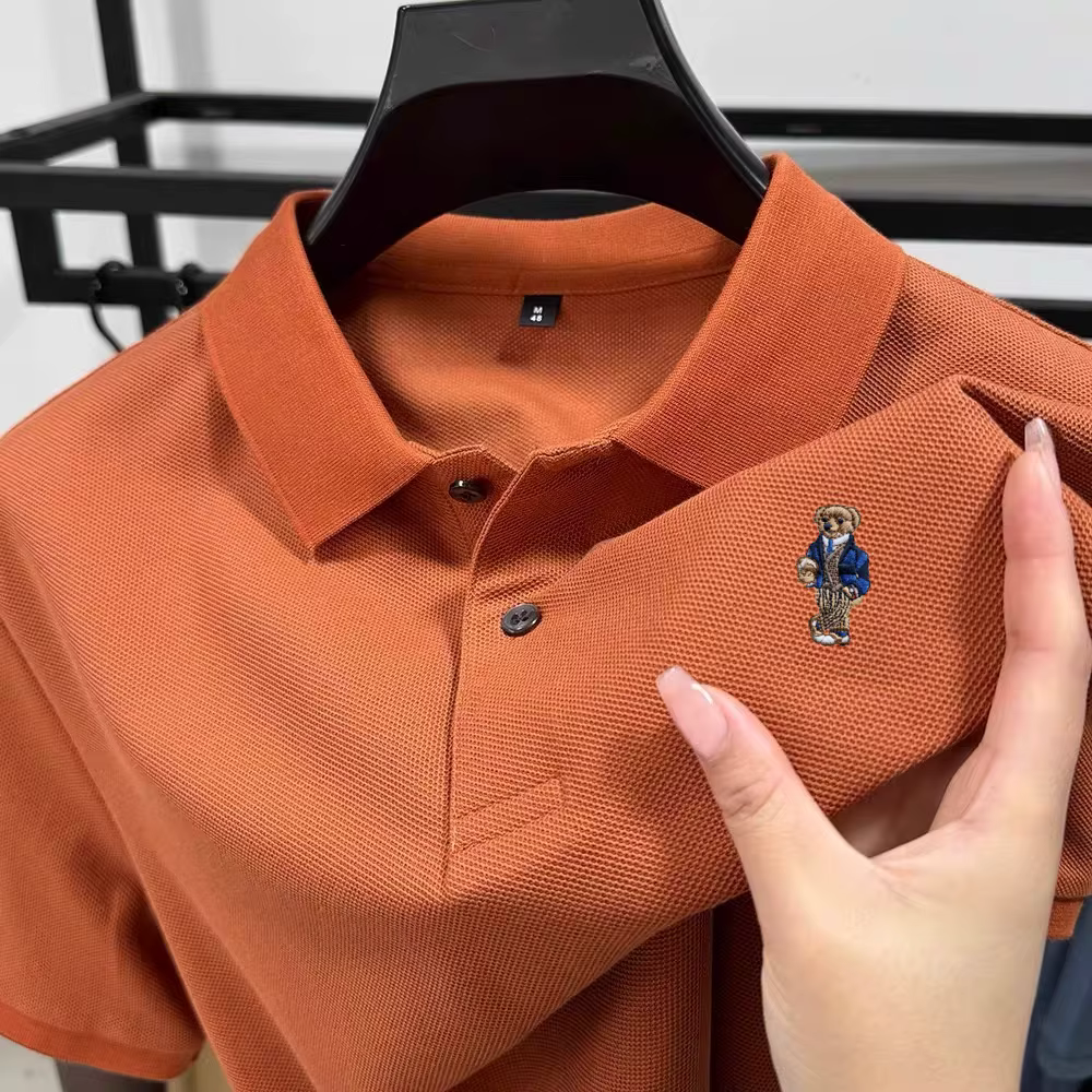 Polo d'été 100 % pur coton à manches courtes pour homme, broderie ours en peluche, style décontracté