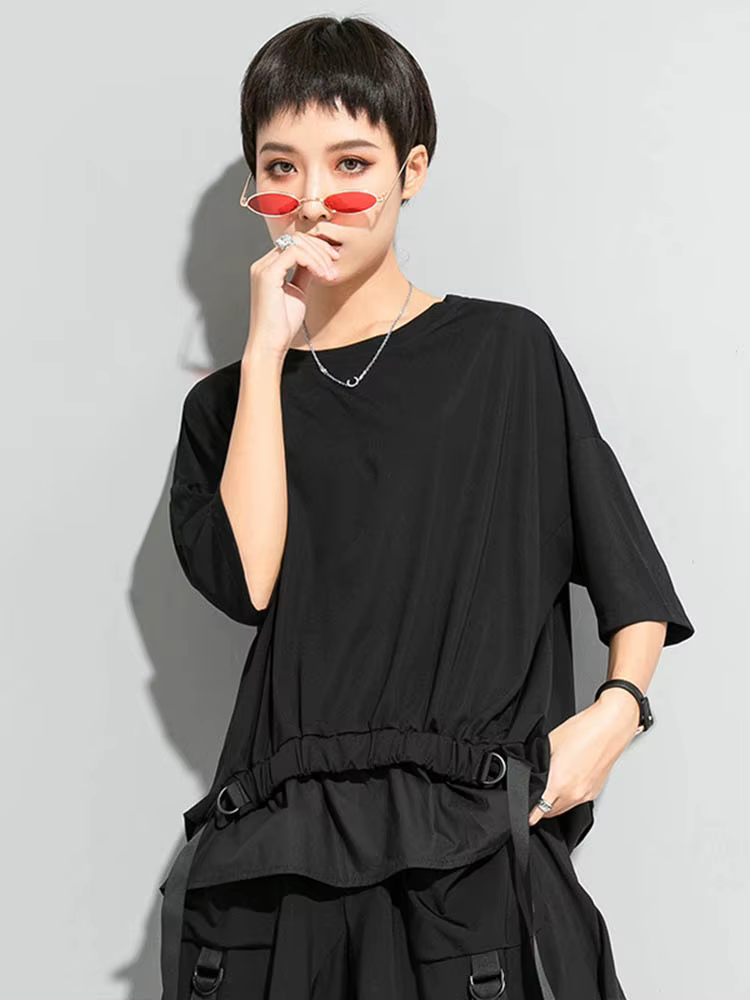 AmaxluluE 2025 été mode T-shirt femmes noir à manches courtes T-shirt dames décontracté Patchwork ha