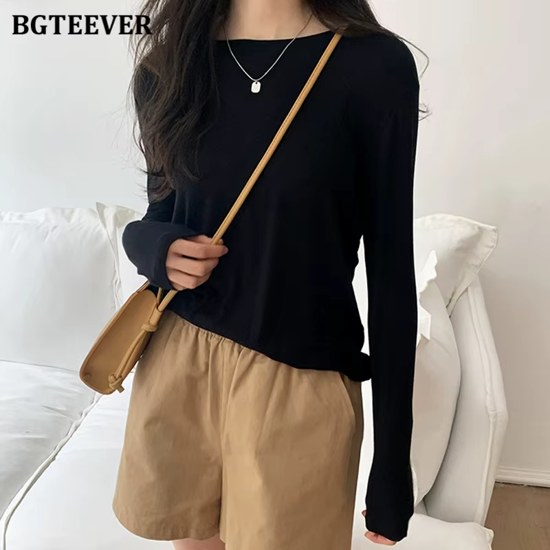 BGTEEVER-T-shirt en coton à manches longues pour femmes, Économie décontractés pour femmes, Noir et