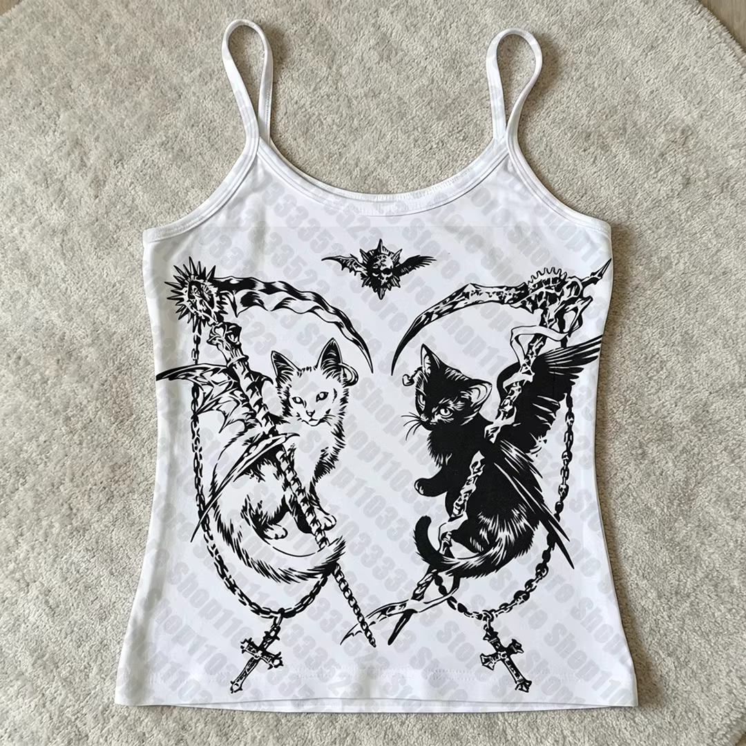 Débardeur Harajuku Goth à imprimé graphique, style vintage punk E-Girl streetwear, décontracté grung