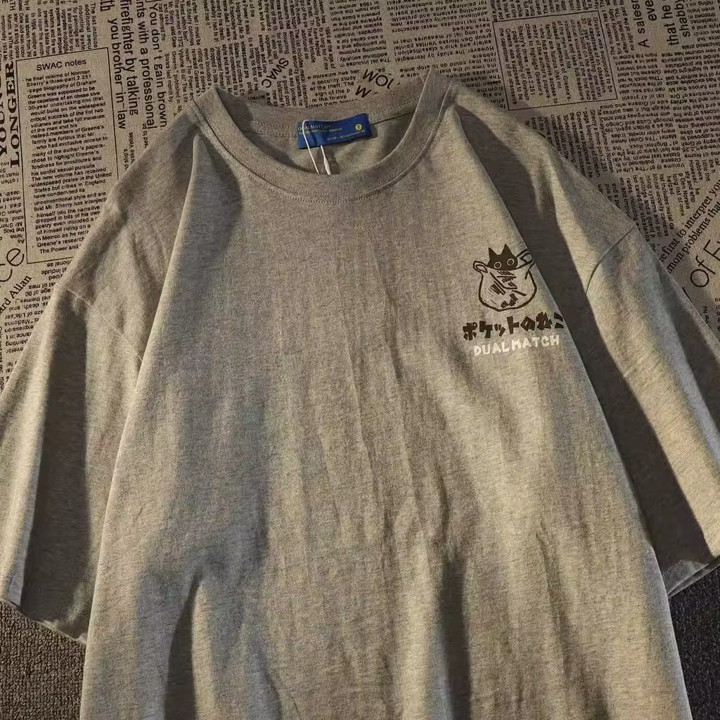 Été japonais rétro poche chat dessin animé imprimé à manches courtes T-shirt hommes femmes Couples u