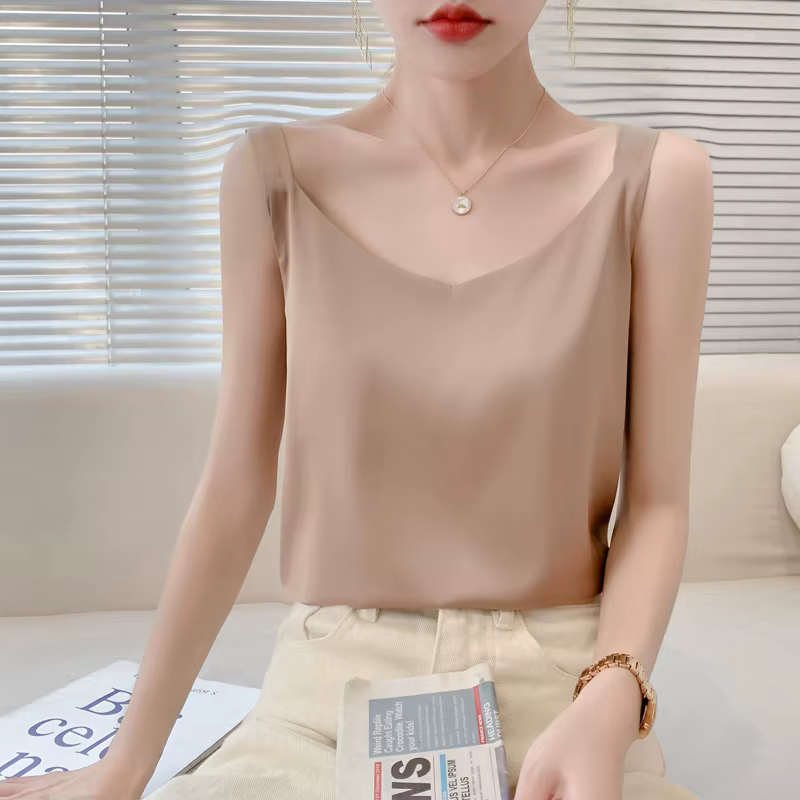 Camisole en soie pour femmes, costume d'été à l'intérieur, col en v, gilet à bascule en Satin, fin,