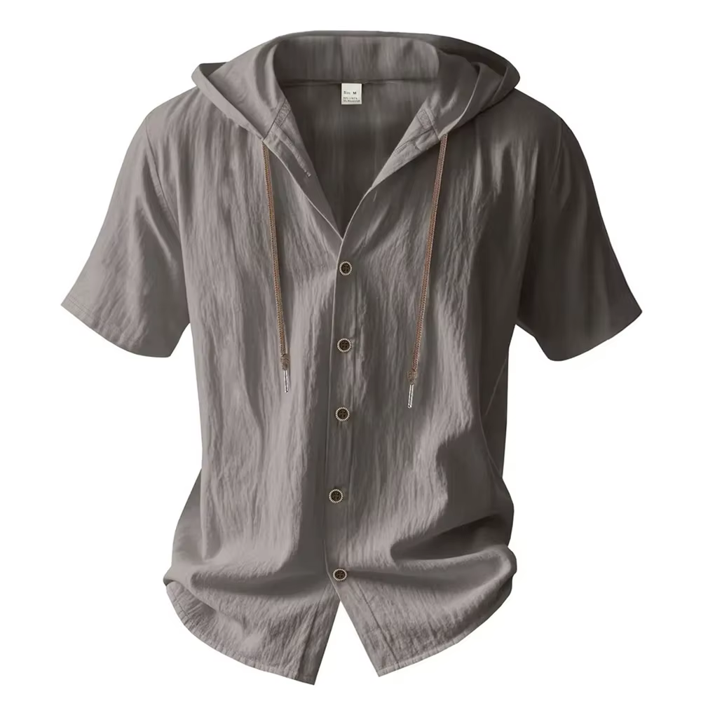 Chemise en coton et lin pour hommes, à capuche, manches courtes, couleur unie, respirante, légère, a