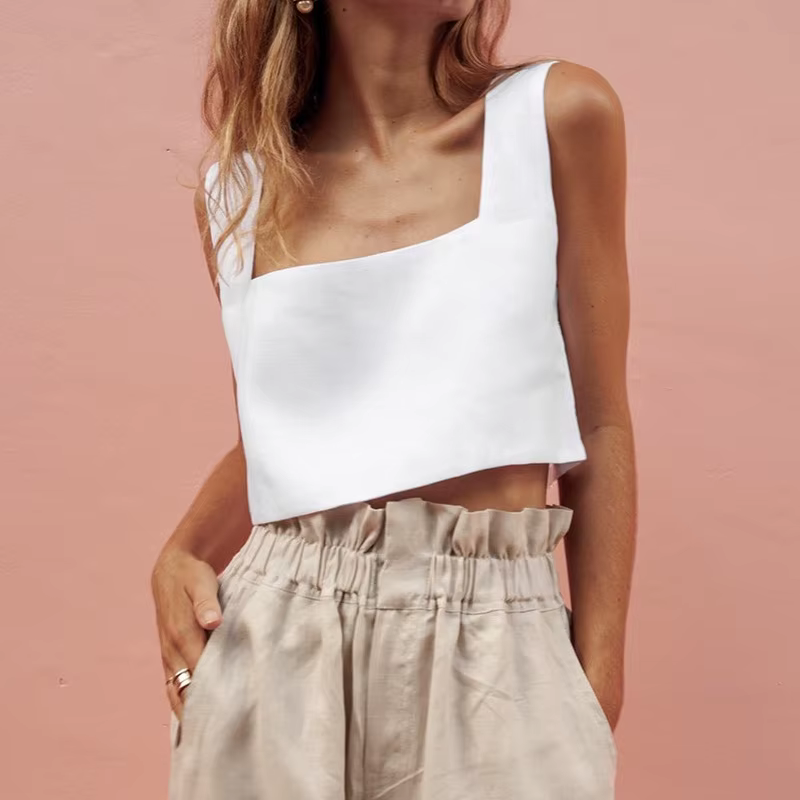 Crop top 100% lin français, couleur blanche, col carré vintage, sexy, sans manches, streetwear, top 