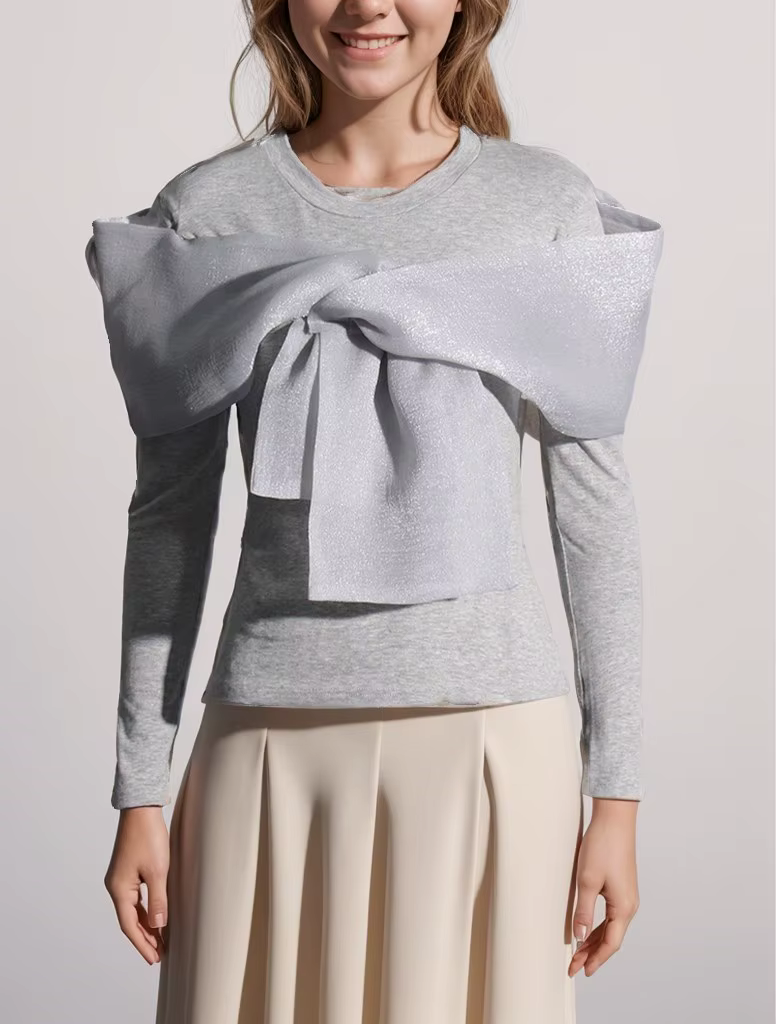 TWOTWINSTYLE Solide Patchwork Bowknot Minceur T-shirt Pour Les Femmes Col Rond À Manches Longues Min
