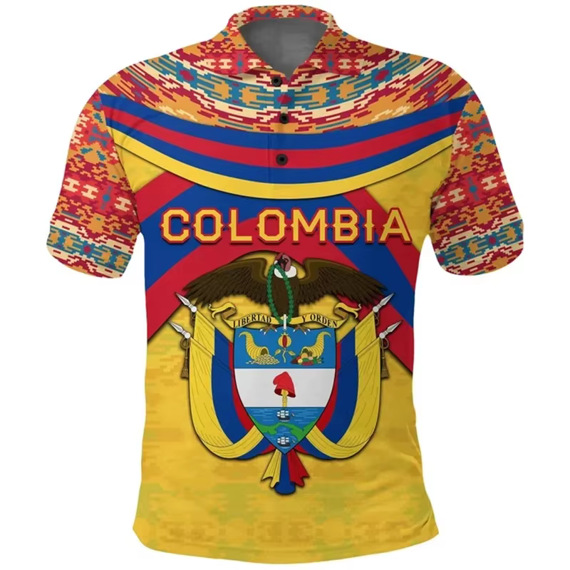 Polo Colombia Feel pour hommes, impression 3D, bouton de revers, t-shirts à manches courtes, t-shirt