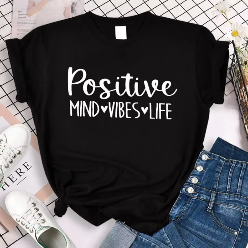 T-shirt manches courtes col rond femme, estival et positif, avec lettres imprimées Beaumont Vibes Li