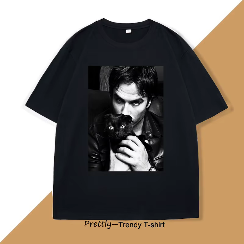 T-shirt graphique Damon Salvatore TV Drama Cat pour hommes et femmes, vêtements rétro gothiques, t-s