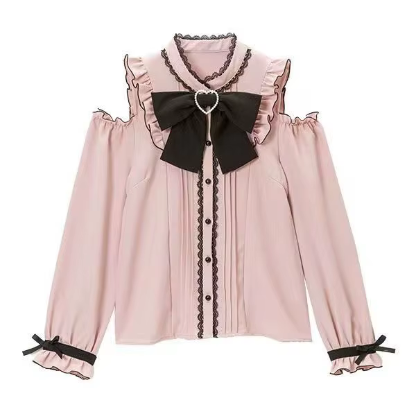 Chemisier Tendance Japonais Style Doux Blouses à Manches Longues avec Nœud pour Femme Y2K Tops de Fê