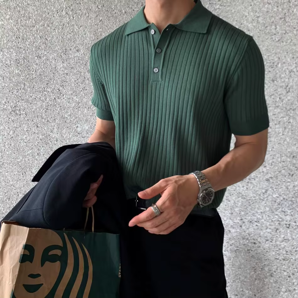 Polo en soie glacée tricoté style britannique pour homme – T-shirt élégant à manches courtes, tendan
